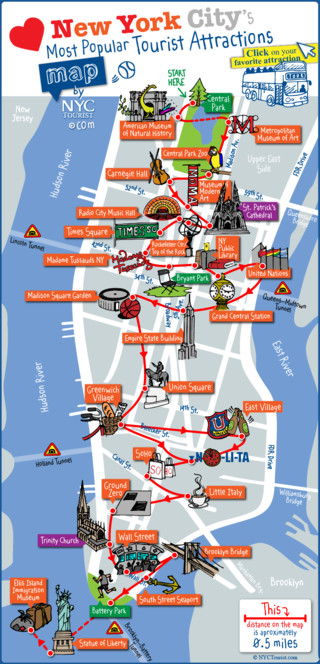 Cartina turistica di musei, giro turistico, attrazioni e monumenti di New York
